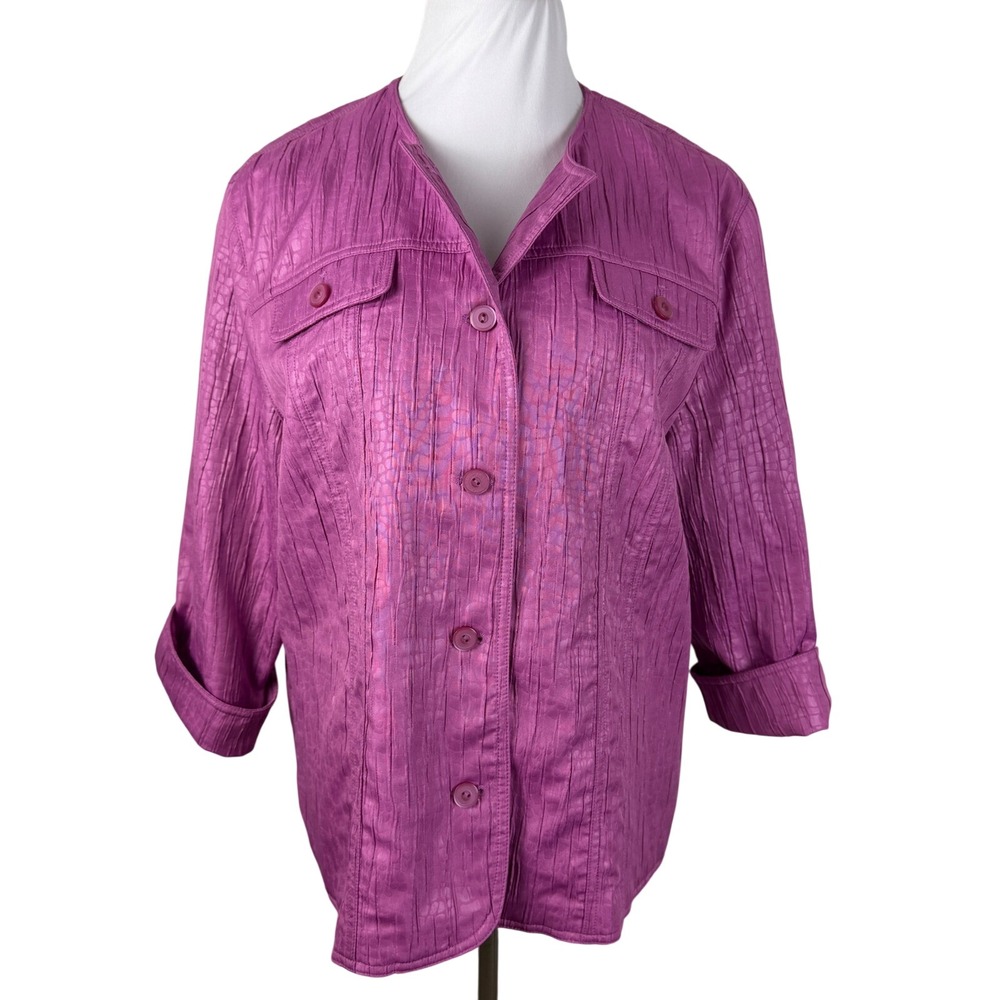 Alfred Dunner Womens 16 Magenta Purple Textured Crinkle Button Front Jacket